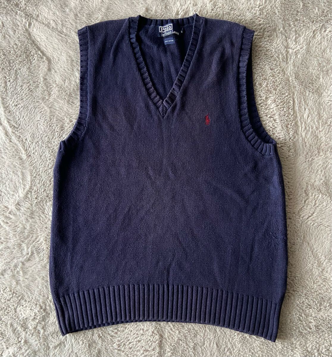希少90s★【ポロバイラルフローレン】王道ベーシックポニー刺繍!高級コットンニットベスト!ネイビー【L表記】衝撃プライス!O56拍卖