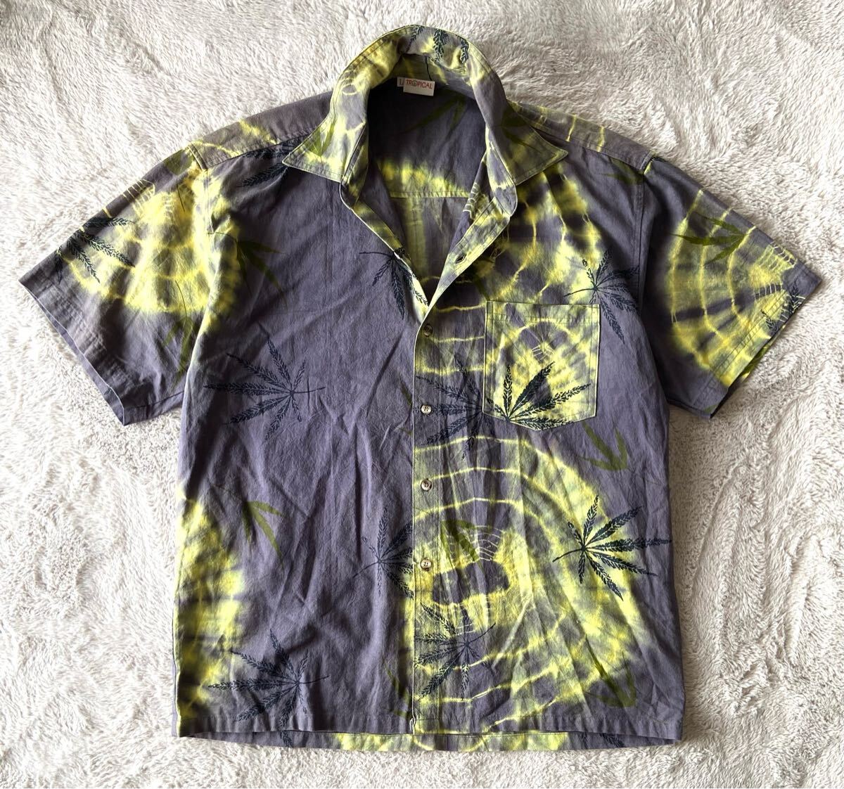 【トロピカル】シーズンマストバイ!ベーシックスタイル!ヘンプ 総柄 コットン 半袖シャツ!グレー×イエロー【L表記】衝撃プライス!N97拍卖