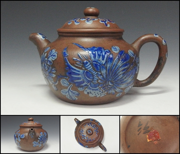 【250722-6】中国 無款銘朱泥彩絵草花紋急須 紫砂壺 唐物煎茶道具拍卖