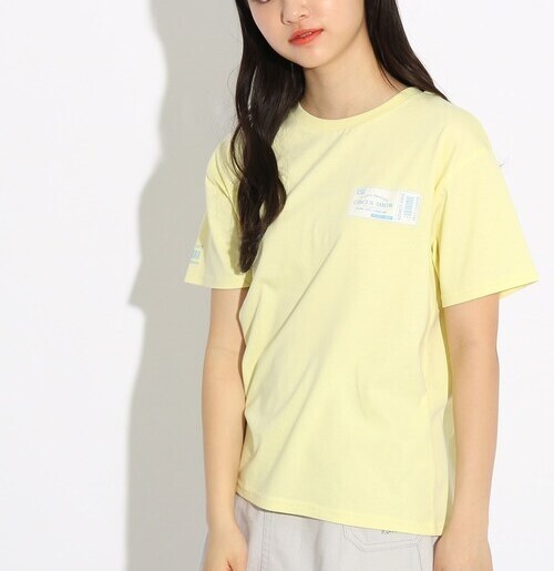 新品 PINK-latte【コットン100%/毛玉になりにくい】チケットプリントTシャツ レモンイエロー(031) 16(160cm) 定価980円拍卖