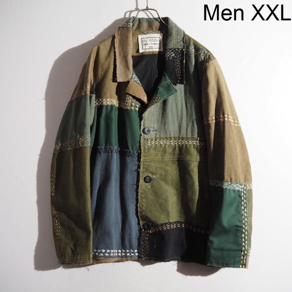 C2811P ▼By Walid バイワリッド▼ リネン ハリージャケット カーキ XXL / リメイク 再構築 刺し子 パッチワーク 春秋 rb mks拍卖