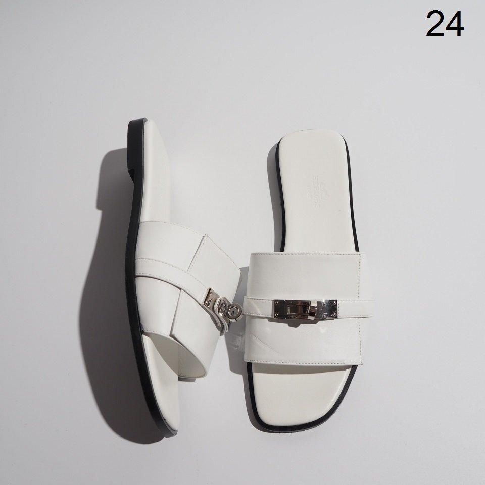 P9488P ▼HERMES エルメス▼ 23SS Giulia ジュリア ケリー金具 ストラップ フラット レザーサンダル ホワイト 37.5/24cm 白 春夏 rb mks拍卖