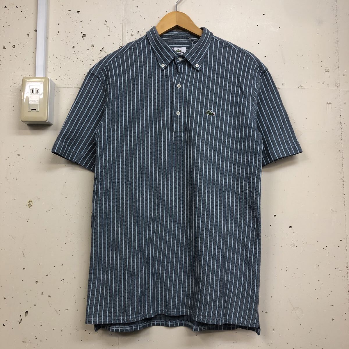 LACOSTE ラコステ 鹿の子 ボタンダウン 半袖 ポロシャツ ストライプ 4 日本製 メンズ ブルー 青 コットン 日本製拍卖