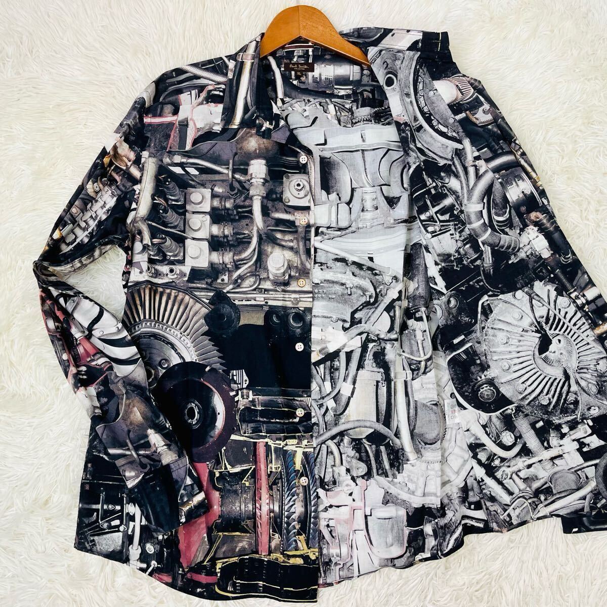 1円〜 未使用級 極稀少XL!ポールスミスコレクション【エンジン リバティ ドレスシャツ モータースポーツ】Paul Smith 長袖 総柄 機械柄拍卖