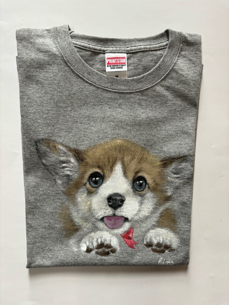 手描きイラストワンちゃん 半袖Tシャツ グレー M ハンドメイド拍卖