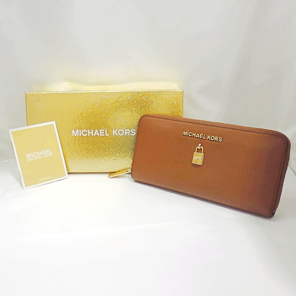 B25-1364 MICHAEL KORS マイケルコース 35H8GGFE9L ラウンドファスナー 長財布 札/小銭/カード ブラウン ゴールドカラー金具 箱/冊子付き拍卖
