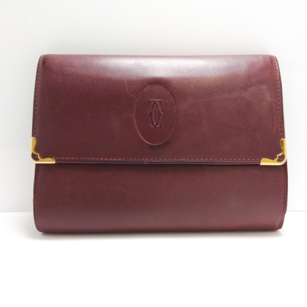 B25-1461 Cartier カルティエ 三つ折り財布 マストライン ボルドー ホック開閉式 がま口小銭入れ・札入れ・カード入れ メンズ レディース拍卖