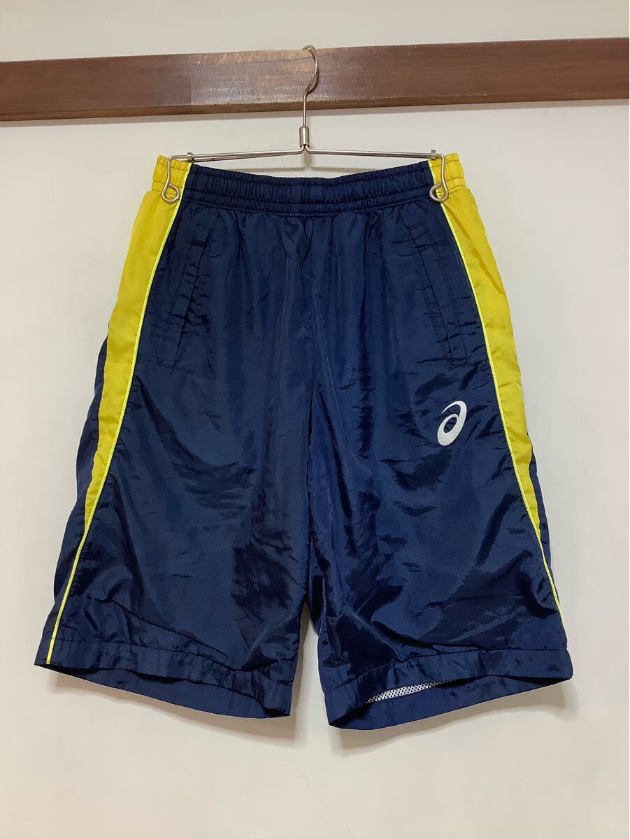 Q-1546 asics アシックス ハーフパンツ ショートパンツ スポーツショーツ L ネイビー/イエロー ロゴ刺繍 裏メッシュ 短パン 半パン 日本製拍卖