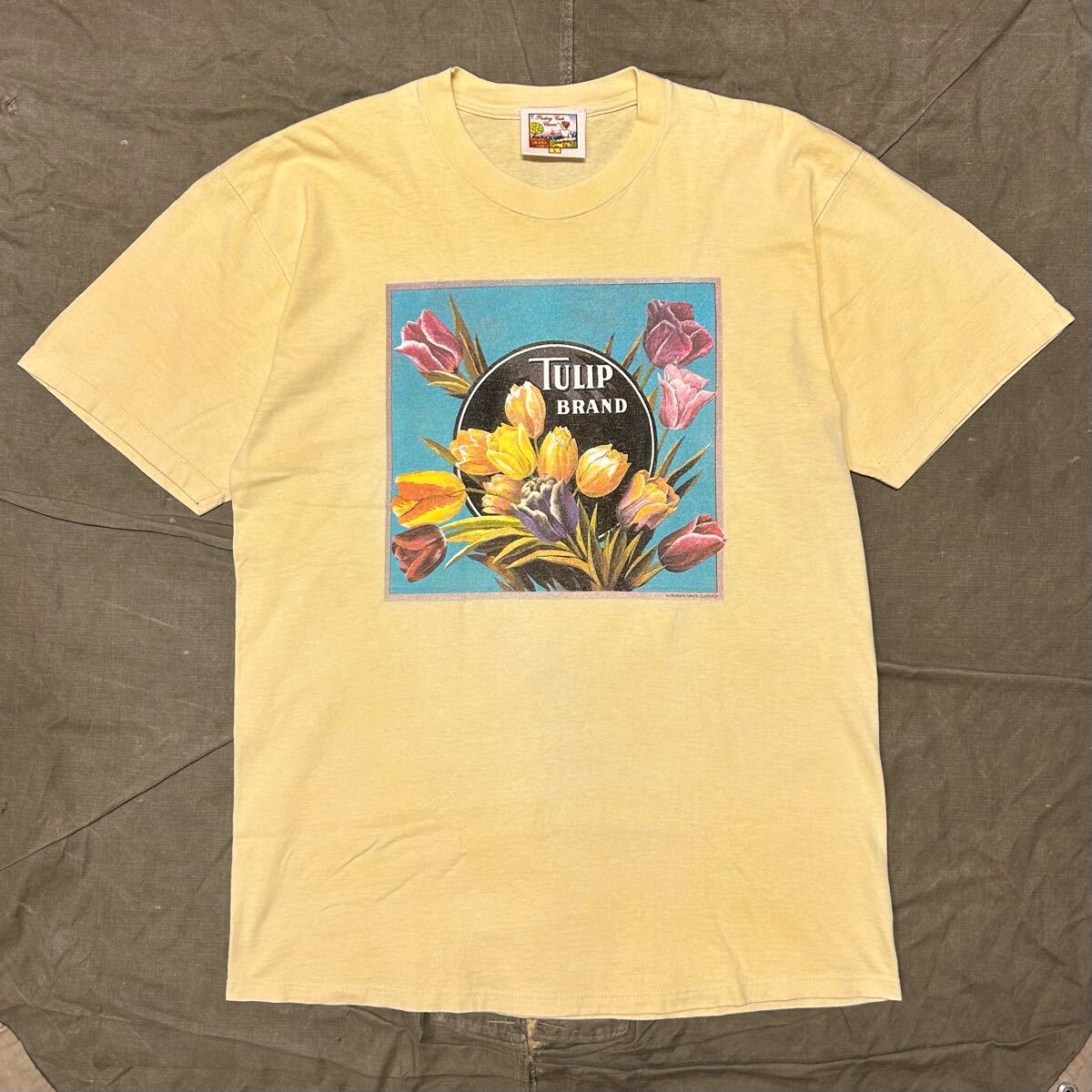 90s USA製 PACKING CRATE CLASSICS TULIP BRAND フラワー アート Tシャツ ビンテージ イエロー L チューリップ 花 アメリカ古着拍卖