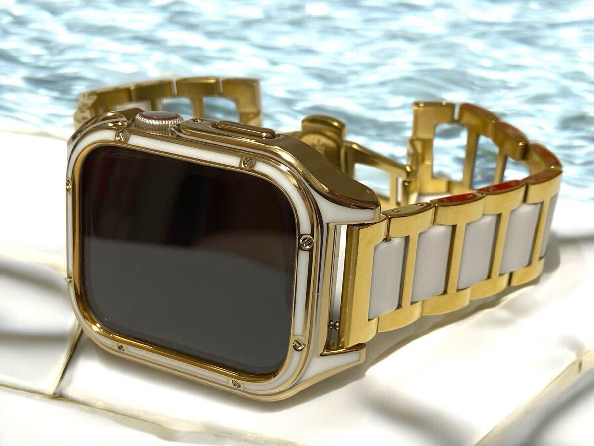 アップルウォッチ 40 41 44 45 ステンレス&セラミックベルト Apple Watchカバー ケース 画面保護付きカバー ゴールドホワイト拍卖