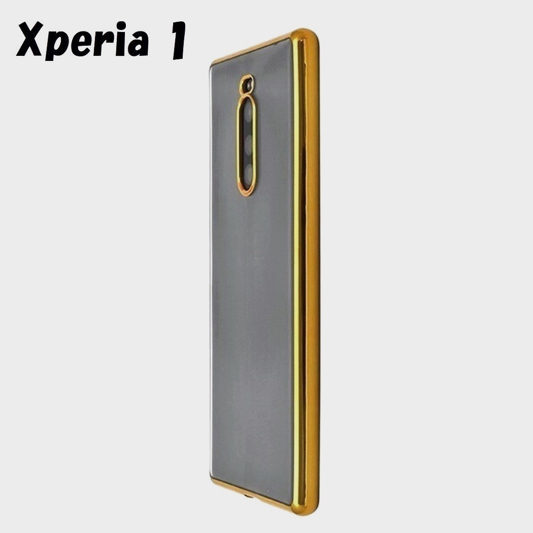 Xperia 1:メタリック カラー バンパー 背面クリア ソフト ケース★ゴールド 金拍卖