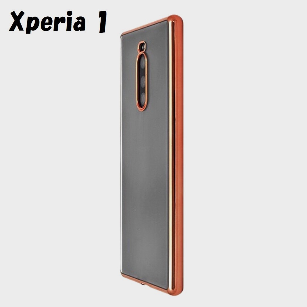 Xperia 1:メタリック カラー バンパー 背面クリア ソフト ケース★ピンク 桃拍卖