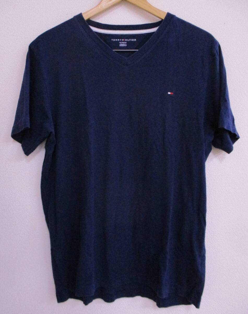 ☆1127【送料無料】TOMMY HILFIGER トミーヒルフィガー メンズ トップス 半袖 Tシャツ Vネック ネイビー XL ロゴ刺繍 ワンポイント 綿100%拍卖
