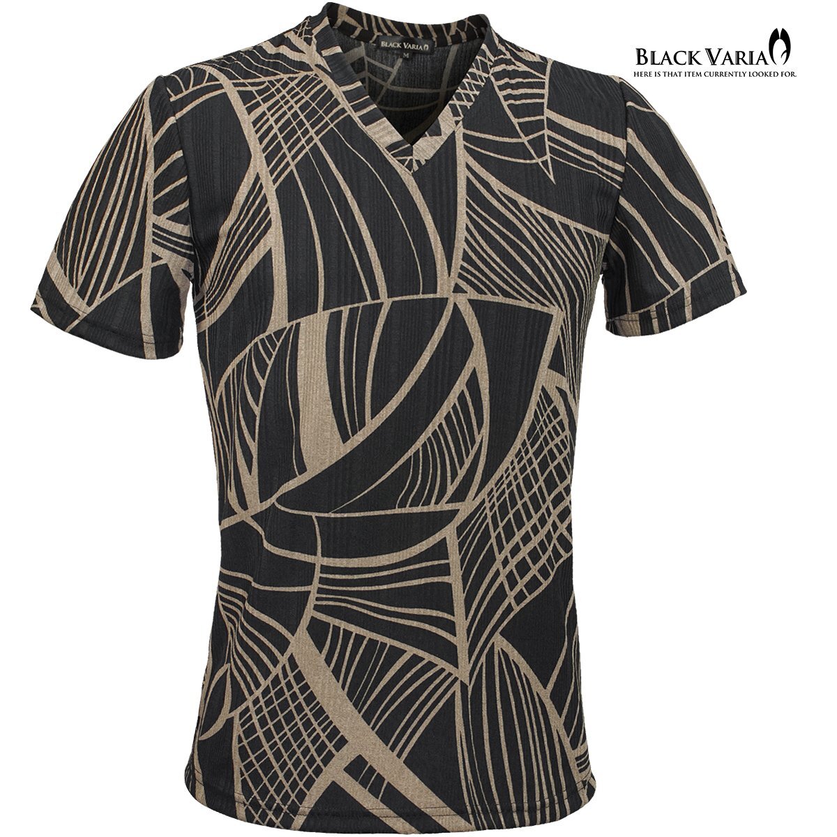 252311-bkbr BLACK VARIA Tシャツ 半袖 Vネック 幾何学模様 曲線 アート 和柄 スリム 細身 ストレッチ メンズ(ブラック黒ブラウン茶) XL拍卖