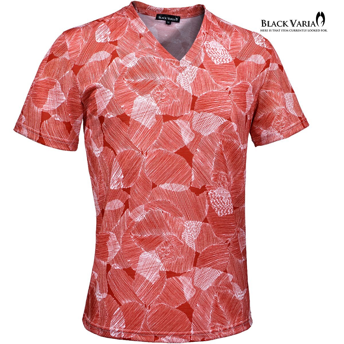 252306-re BLACK VARIA Tシャツ 半袖 Vネック 花柄 リーフ ボタニカル アート スリム 細身 ストレッチ ユニセックス(レッド赤) M 派手拍卖