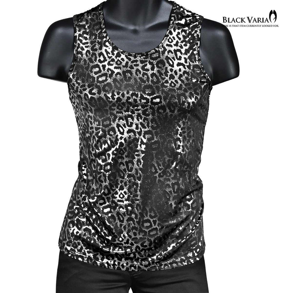 213102-si BLACK VARIA 豹ヒョウ柄 箔プリント レオパード ストレッチ 光沢 スリム 細身 タンクトップ メンズ(シルバー銀) L メタリック拍卖