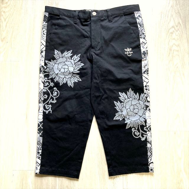 ☆KIJIN JAPAN☆喜人 牡丹 クロップドパンツ サイズL/KJ81601/和柄/黒/江戸小紋/日本製/KU23G002拍卖
