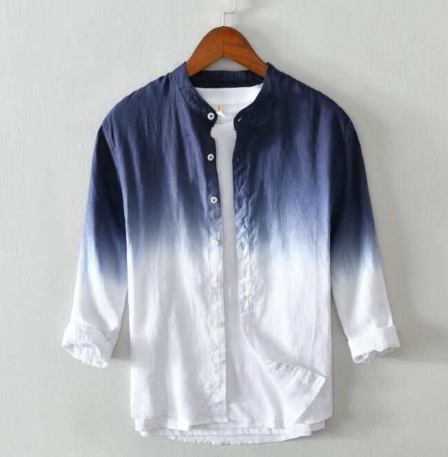 新入荷新作シャツ メンズ 七分袖 シャツ Tシャツ 立ち襟 グラデーションリネンシャツ 麻100% カジュアル 通気性 清涼感 個性 スリム 紺色 L拍卖