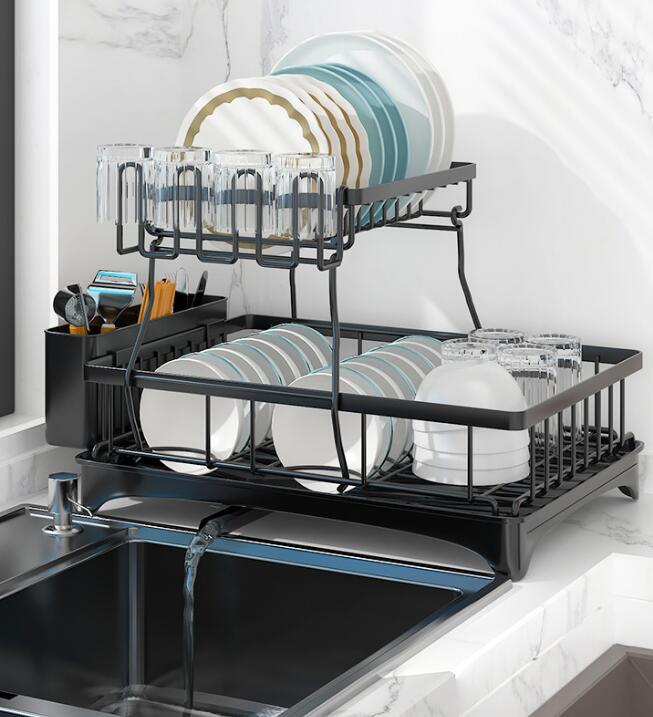 新入荷上質水切りラック2段式大容量食器乾燥ラック箸立てナイフホルダー まな板ラック収納ラック キッチンおしゃれ 防蝕防錆 組み立て簡単拍卖