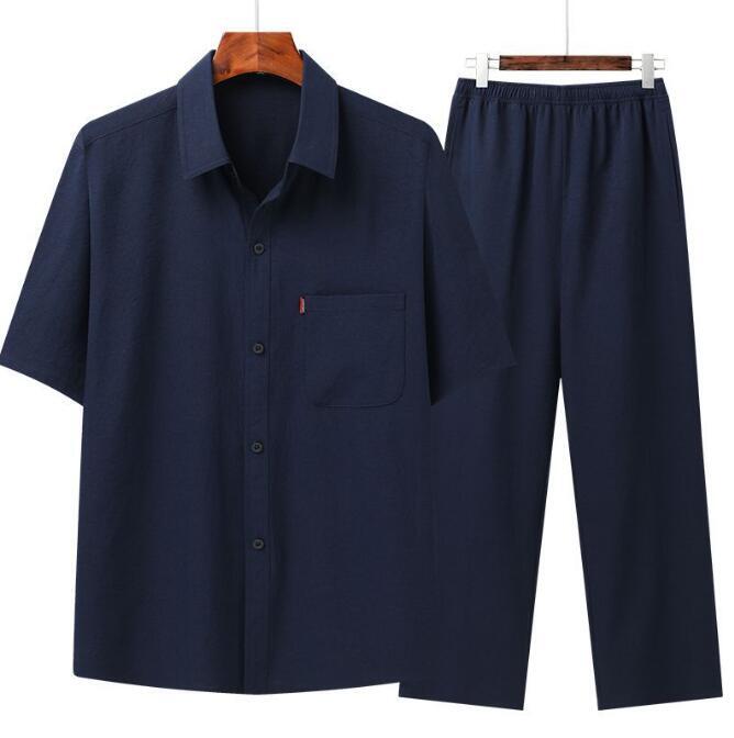 新入荷人気セットアップ メンズ 綿麻 夏 麻 スウェット 半袖&ロングパンツ 薄手 上下セット涼しい カジュアル 部屋着 夏服 紺色 XL拍卖