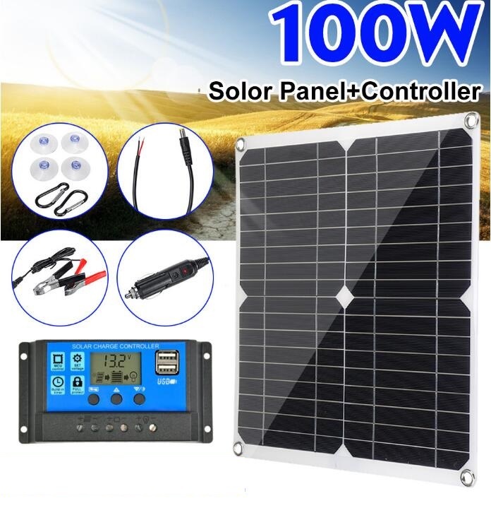 新入荷100W ソーラーパネル デュアル 12V 5V USB コントローラ 防水電池 ポリ車ヨットRV バッテリー充電器太陽光with 40A controller新品拍卖