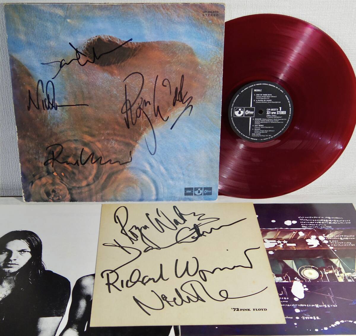 ◆直筆サイン入り帯付LP【ピンク・フロイド/おせっかい】Odeon OP-80375赤盤◆+’72PINK FLOYD印刷色紙拍卖