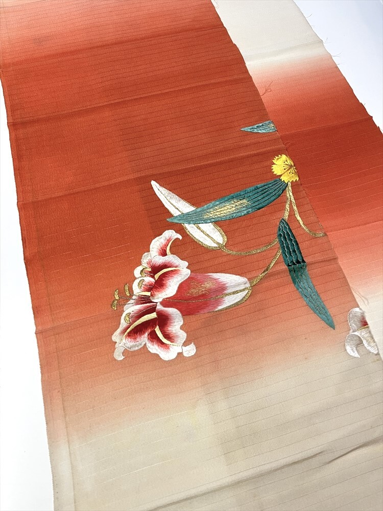 花とら●アンティーク帯地 端切れ 刺繍 百合 絽 リメイク 素材 細工用 250601拍卖