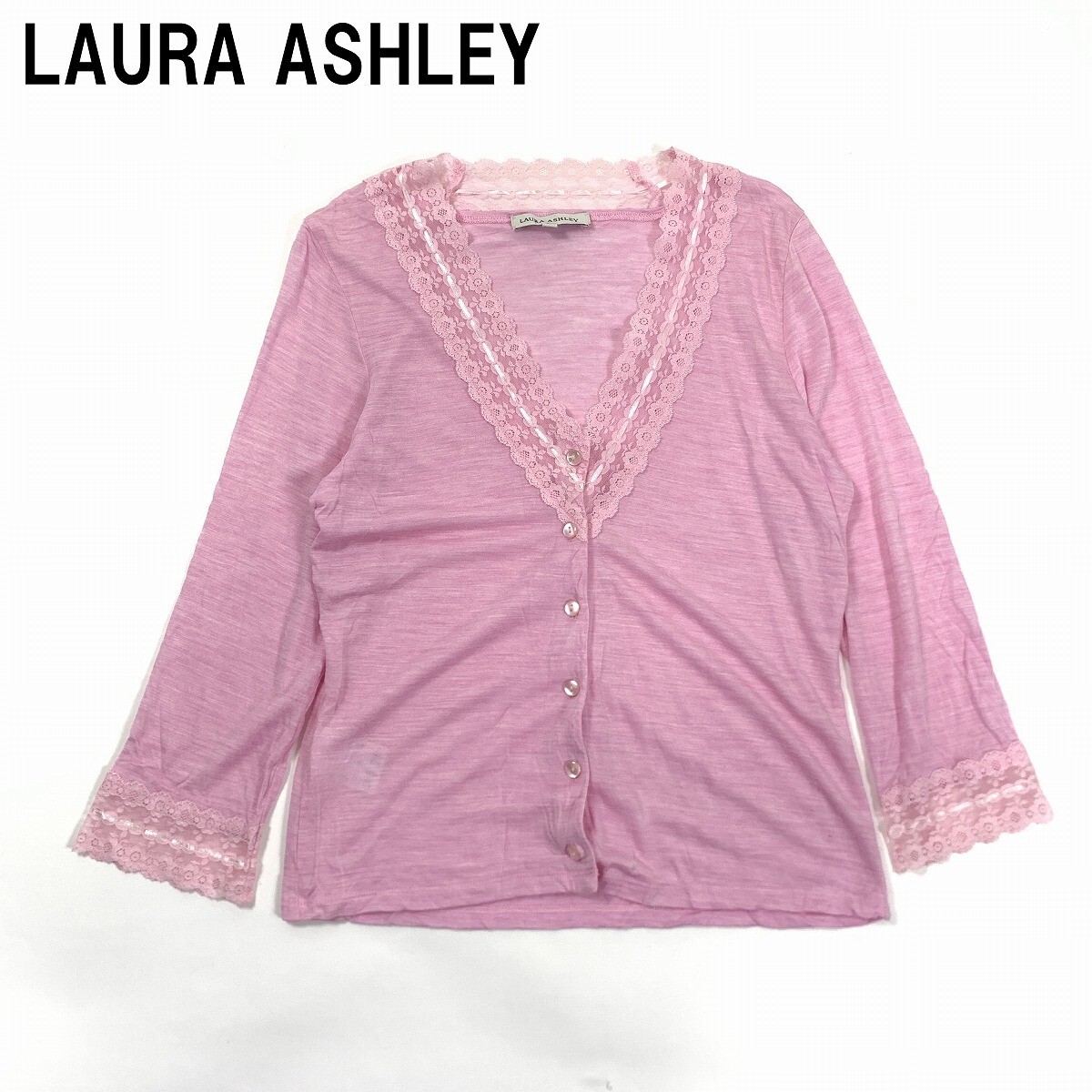 LAURA ASHLEY ローラアシュレイ 七分袖カーディガン 綿 コットン レース ピンク M YC672拍卖