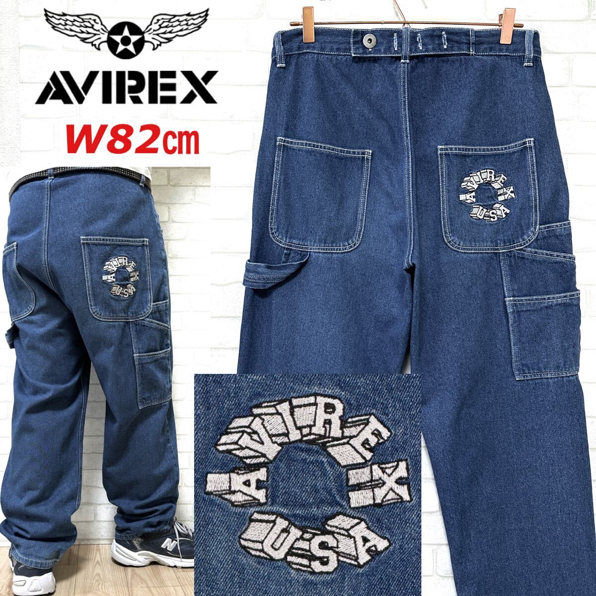 AVIREX デニム ペインターパンツ サークルロゴ刺繍 ワイド ワークパンツ拍卖