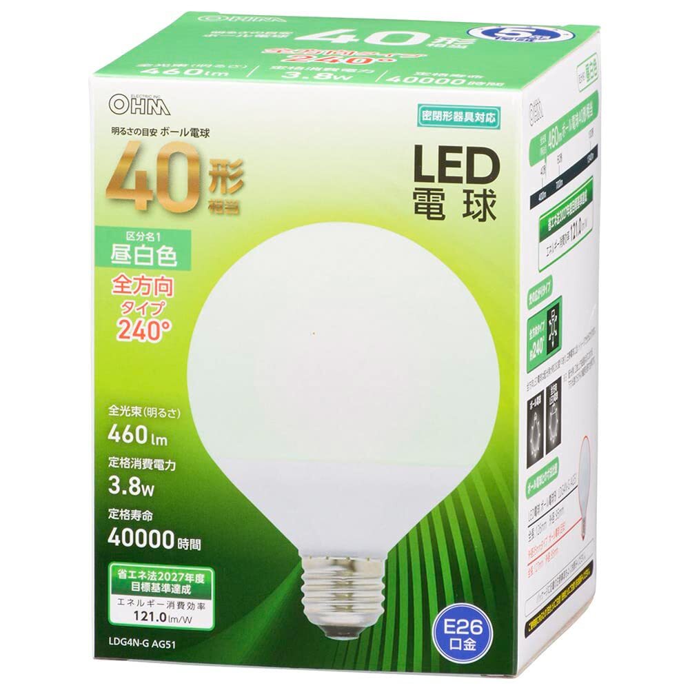 オーム電機 LED電球 ボール電球形 E26 40形相当 昼白色 LDG4N-G AG51 06-3162 OHM拍卖