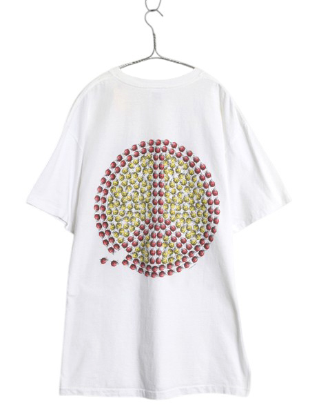 90s ★ テントウ虫 ピースマーク アート イラスト プリント Tシャツ メンズ XL 古着 オールド アニマル グラフィック シングルステッチ 白拍卖