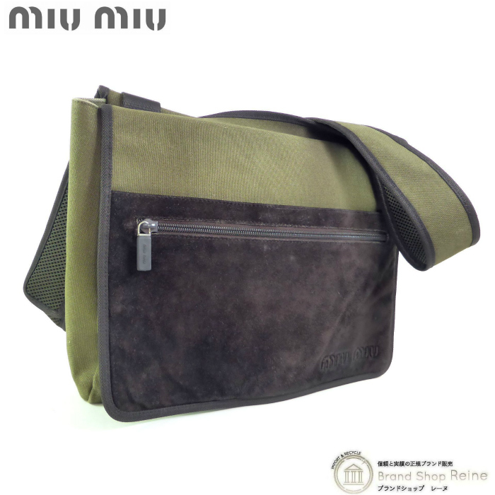 ミュウミュウ(MIUMIU)アーカイブ ショルダー バッグ キャンバス スエード カーキ×ブラウン メンズ(中古)拍卖