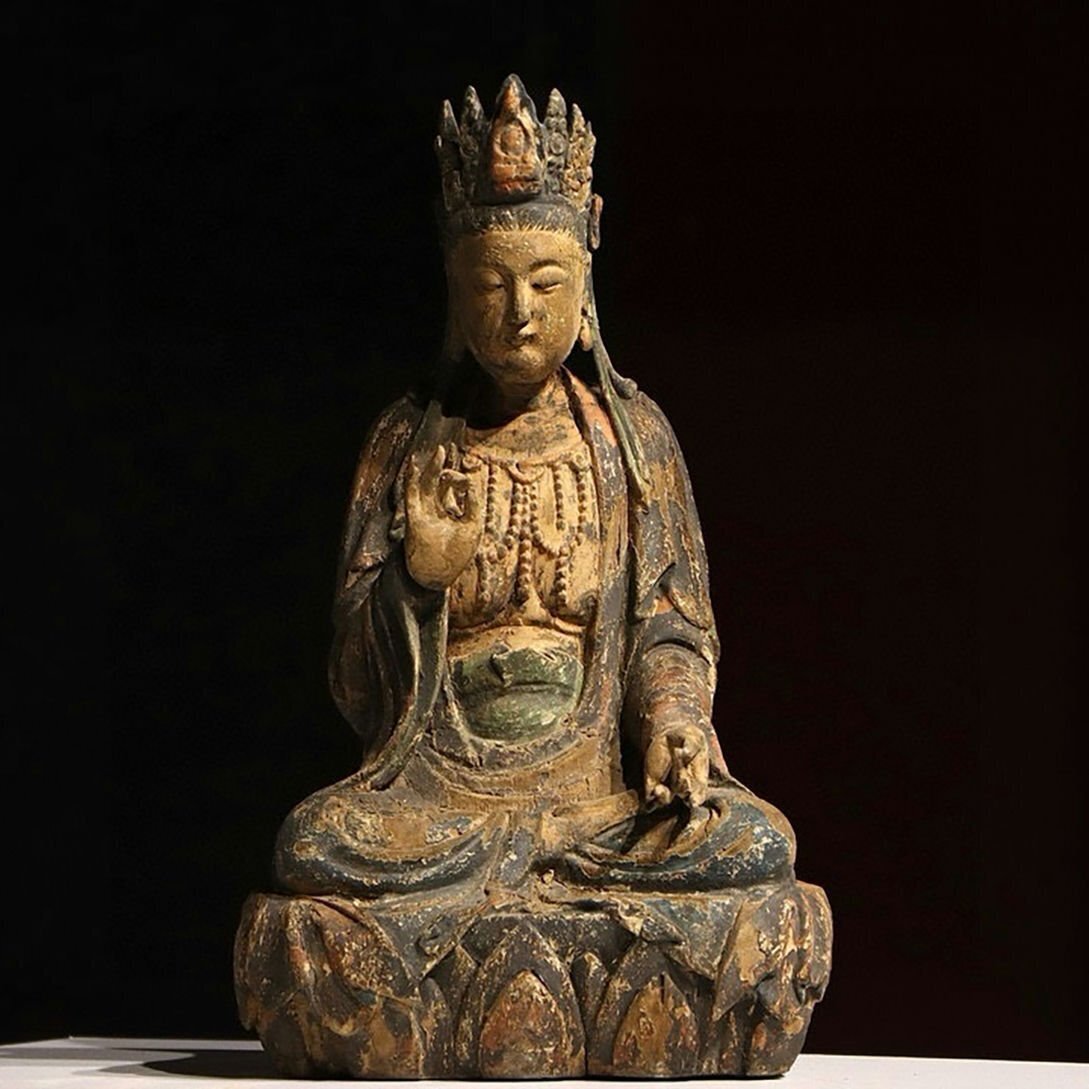 楠木木彫観音坐像 漆金 細工彫刻★仏教古美術★仏像★細密細工★廃寺旧蔵拍卖