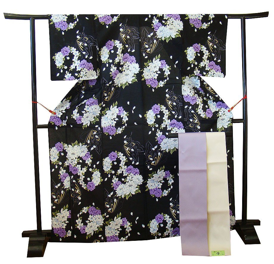 時代屋 裄62.5cm 大特価 S寸 コーマー生地 浴衣 四寸帯 2点 セット 綿 ポリエステル 仕立上り 146cm~152cm Ym157拍卖