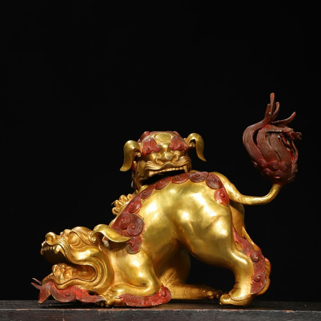 ◆羽彰・古美術◆Y4157清時代 銅塗金 獅子 薫香炉 細密細工★古置物★古賞物★古擺件★蒐集家放出★唐物拍卖