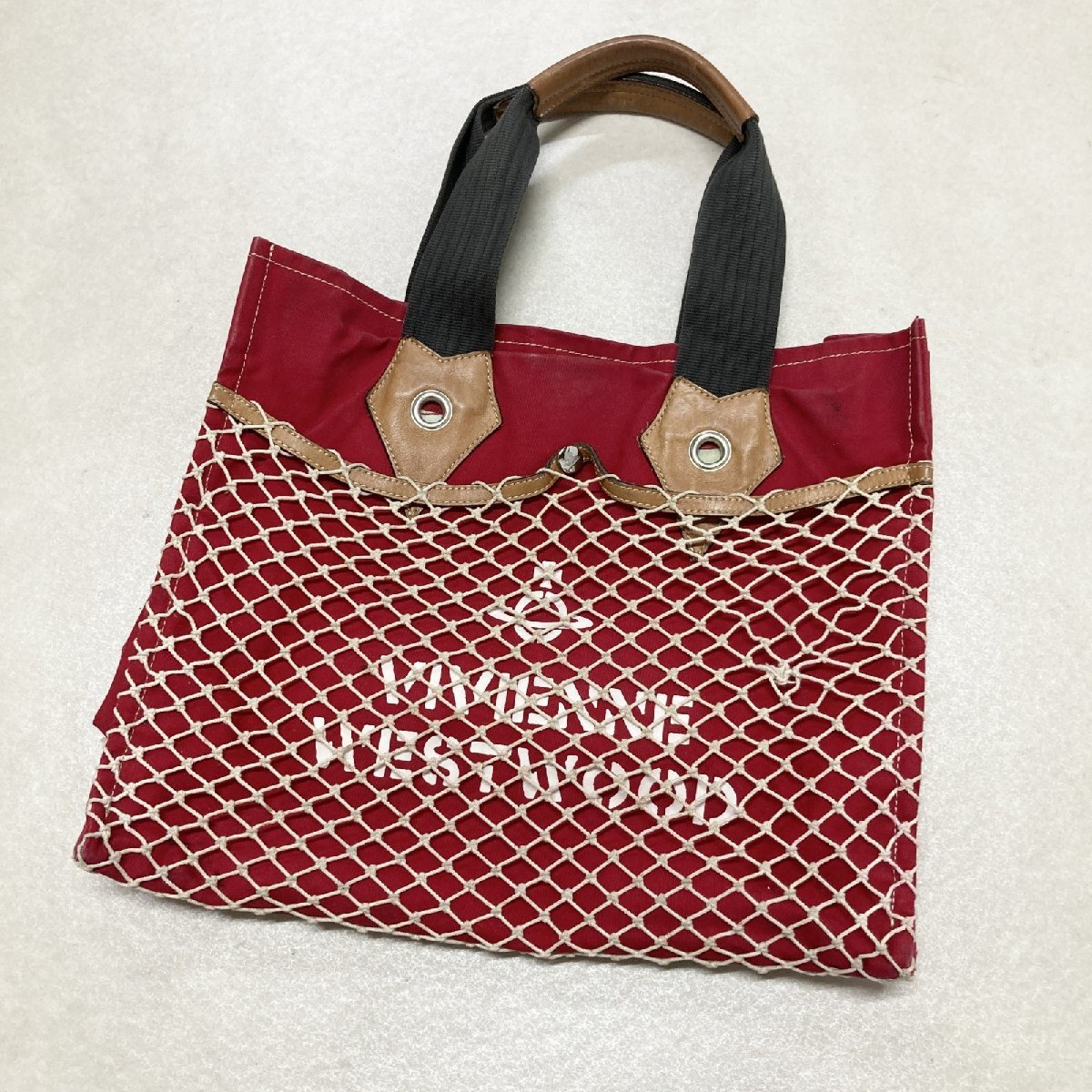 ● Vivienne Westwood ヴィヴィアンウエストウッド トートバッグ ネット オーブ ロゴ キャンバス レザー 牛革 日本製 レッド系 0.6kg拍卖