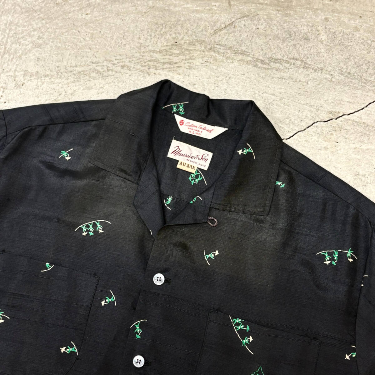 激レア!! 50s Maurice&son シルク 総柄 オープンカラーシャツ ブラック 黒 カスリ? ビンテージ L/CR拍卖