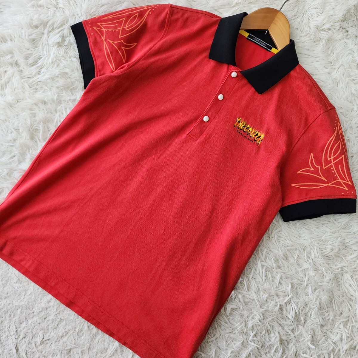 L相当 48 MARK&LONA ポロシャツ【熱血!襟で魅せる】マークアンドロナ トップス ゴルフ ボールボタン レッド&ブラック メンズ コットン拍卖