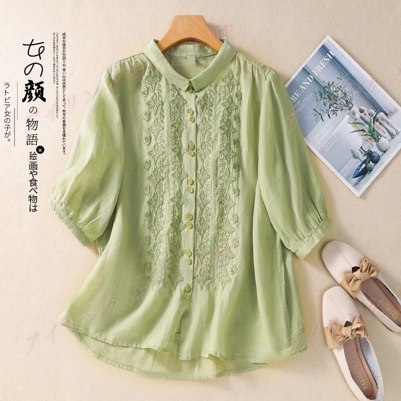☆新品ブラウス レディース 七分袖シャツ 綿麻シャツ リネンシャツ 刺繍 チュニック トップス オシャレ柔らかい 着心地いいM~XXL拍卖