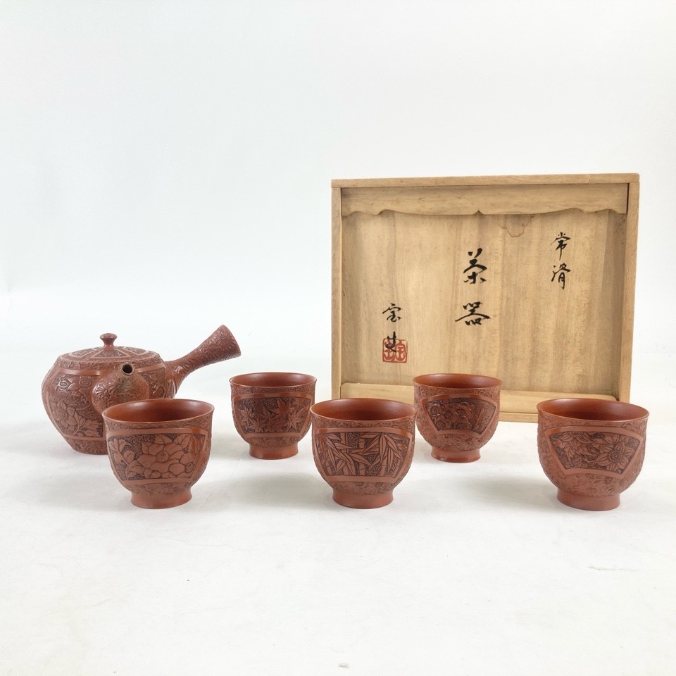 希少 山田宝生 茶器揃い 細密彫 朱泥急須 茶注 湯呑5客 セット 共箱 煎茶器 茶道具 3967152拍卖
