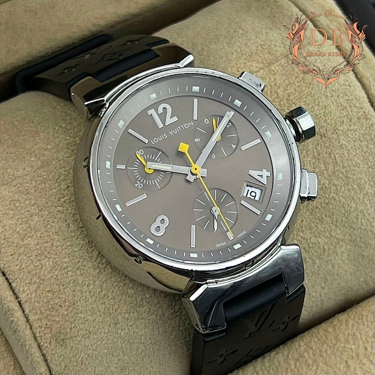 【箱付】 ルイヴィトン タンブール クロノグラフ モノグラム ブラウン ビジネス Louis Vuitton レディース 腕時計 鑑定済み ブラック 稼働拍卖
