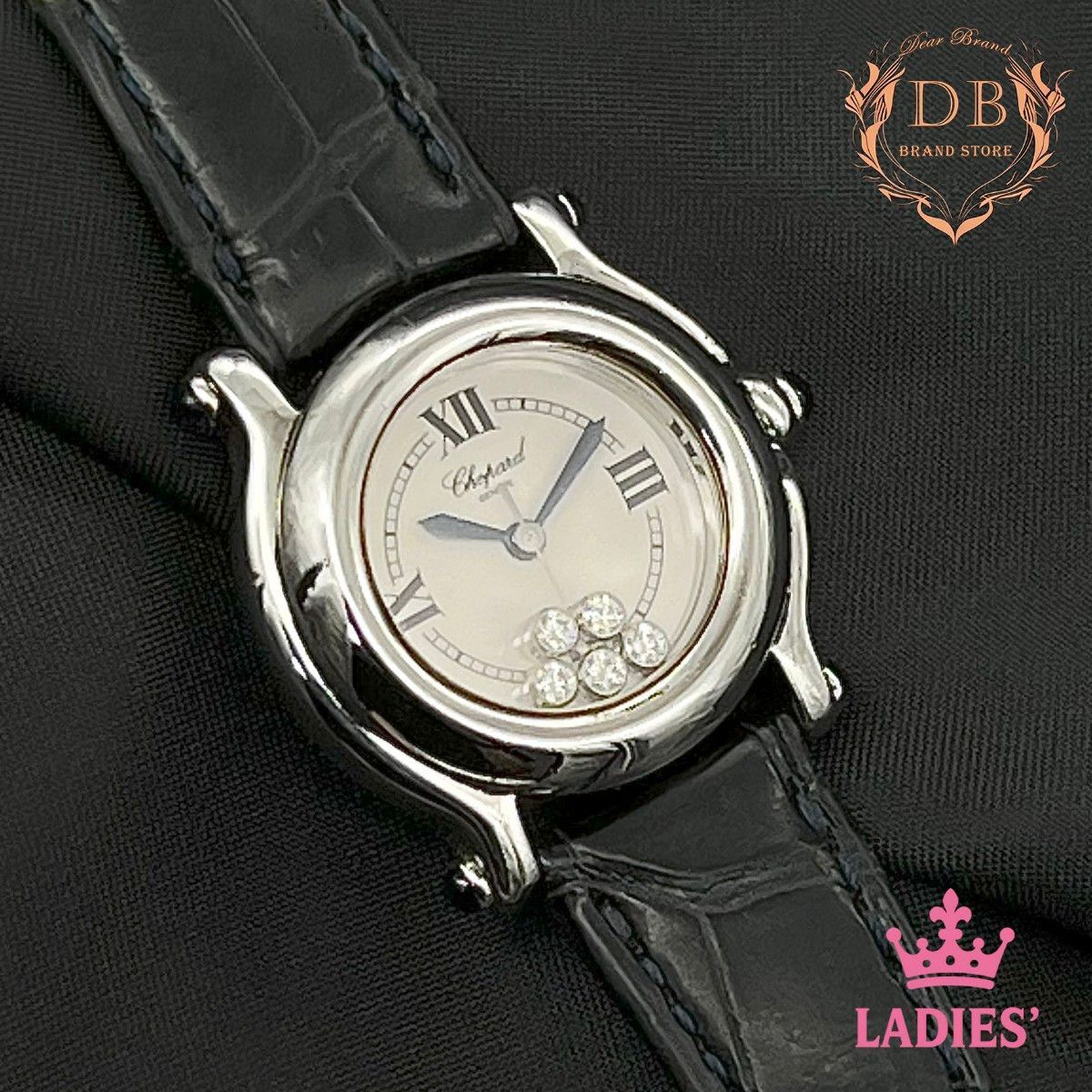 【電池交換済】 ショパール ハッピースポーツ 5P ダイヤ クォーツ 稼働 黒 Chopard レディース 時計 白文字盤 丸フォーマル 新品未使用級拍卖