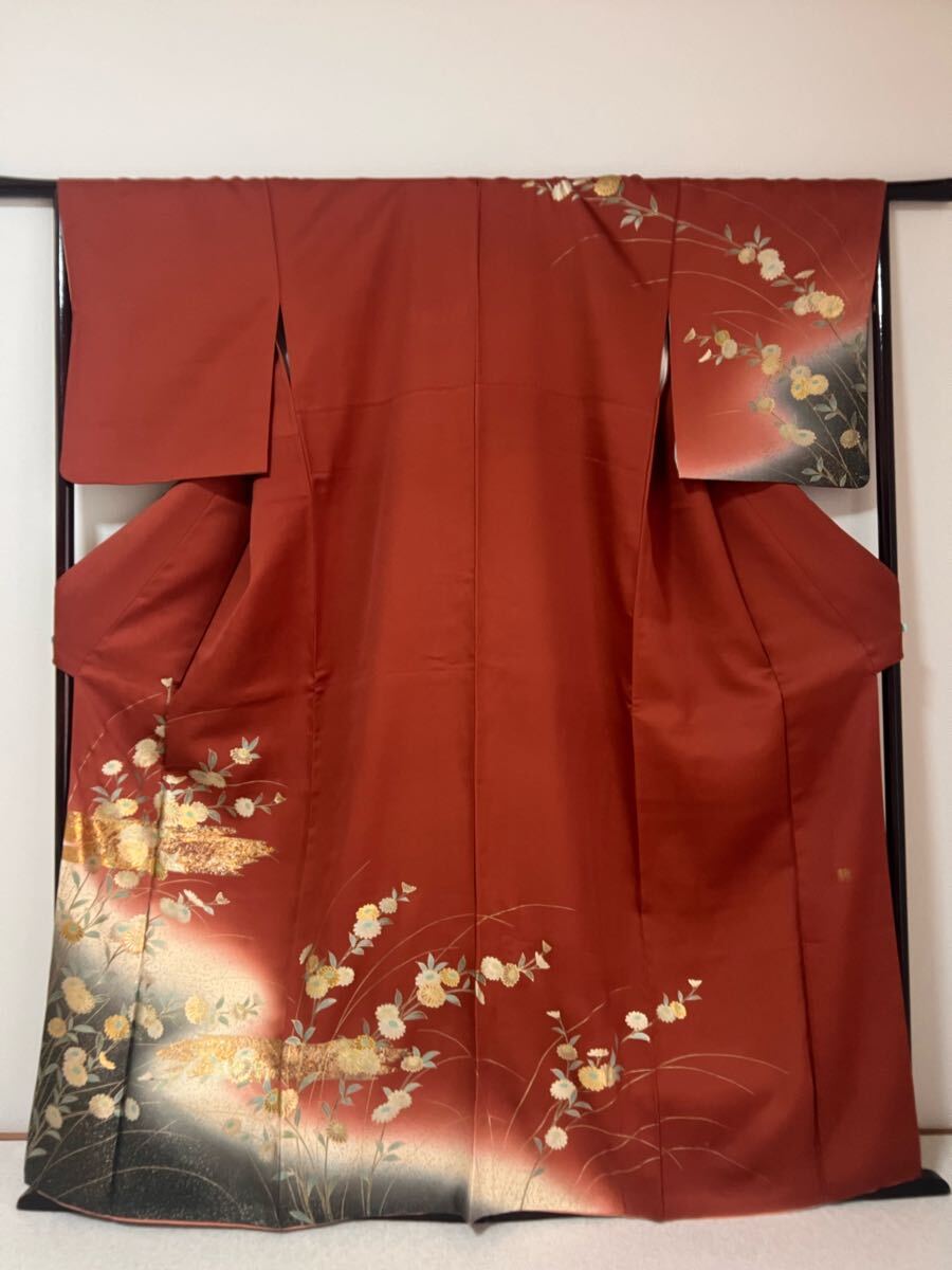 付下げ 訪問着 正絹 着物 金彩 落款 赤茶地 きもの 和装拍卖