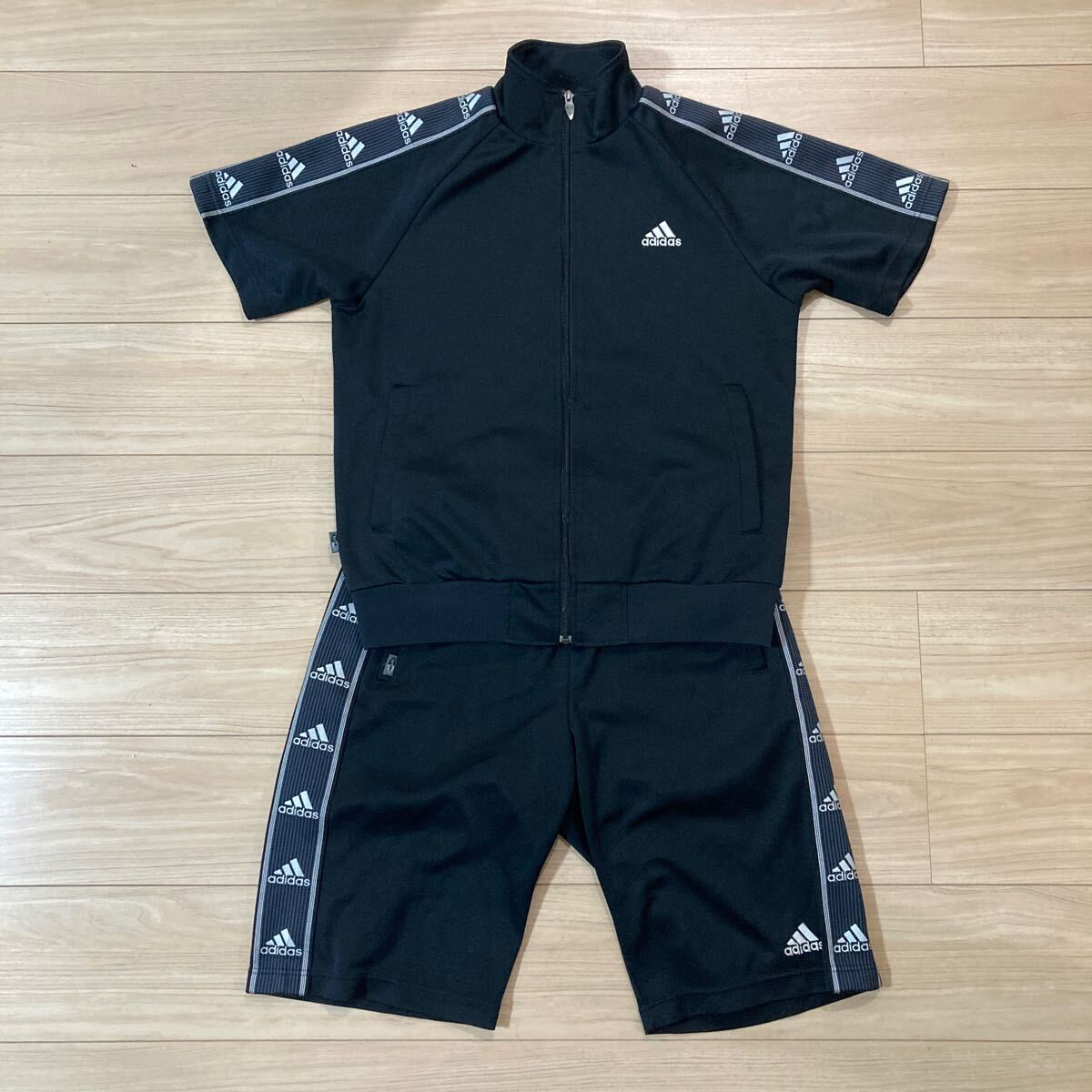 adidas アディダス ジャージ ジップアップ 上下セット セットアップ 半袖 M〜Lサイズ 黒 銀 拍卖