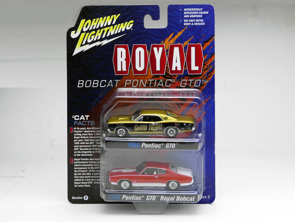 1/64 JohnnyLightning ポンティアック GTO 金/濃青 1966 & GTO ロイヤルボブキャット 橙/白 1969 2-Packs JLPK013B2拍卖