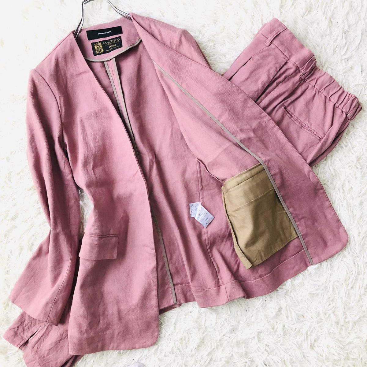 JOURNAL STANDARD (ジャーナルスタンダード)ノーカラージャケット ピンク セットアップ L相当 リネン混 ストレッチ センターベンド 92拍卖