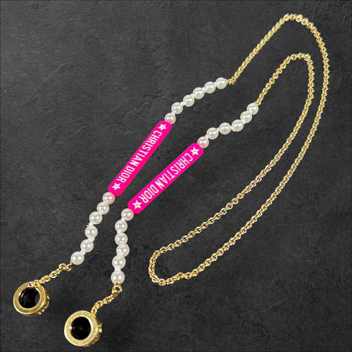 【ディオール】本物 Christian Dior エアポッズ ホルダー AirPods チェーン ネックレス ロゴ フェイクパール 全長56cm 幅1cm ゴールド色系拍卖