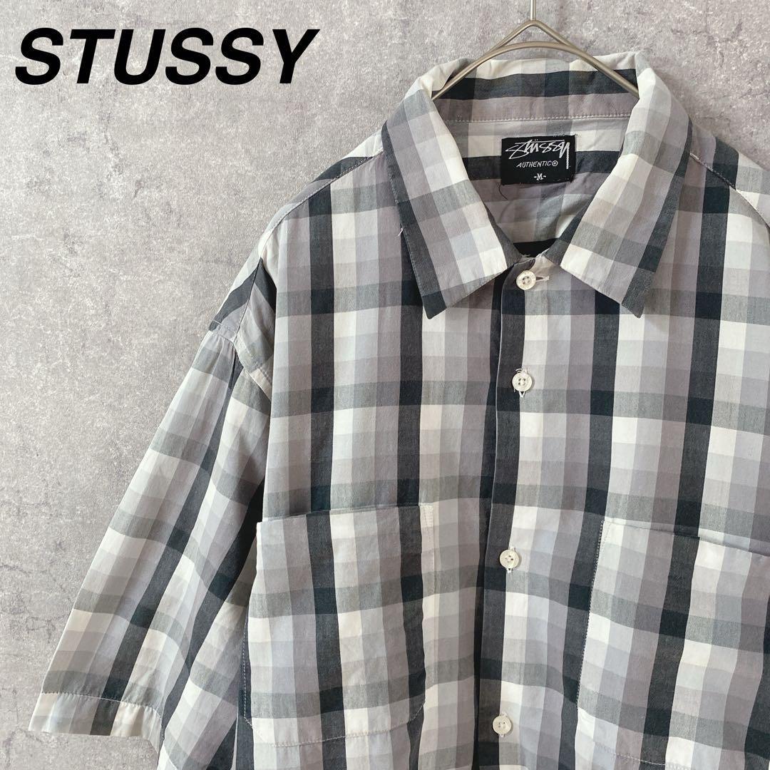 00s STUSSY デジタルチェック柄 半袖シャツ 灰色 3D Mサイズメンズ拍卖