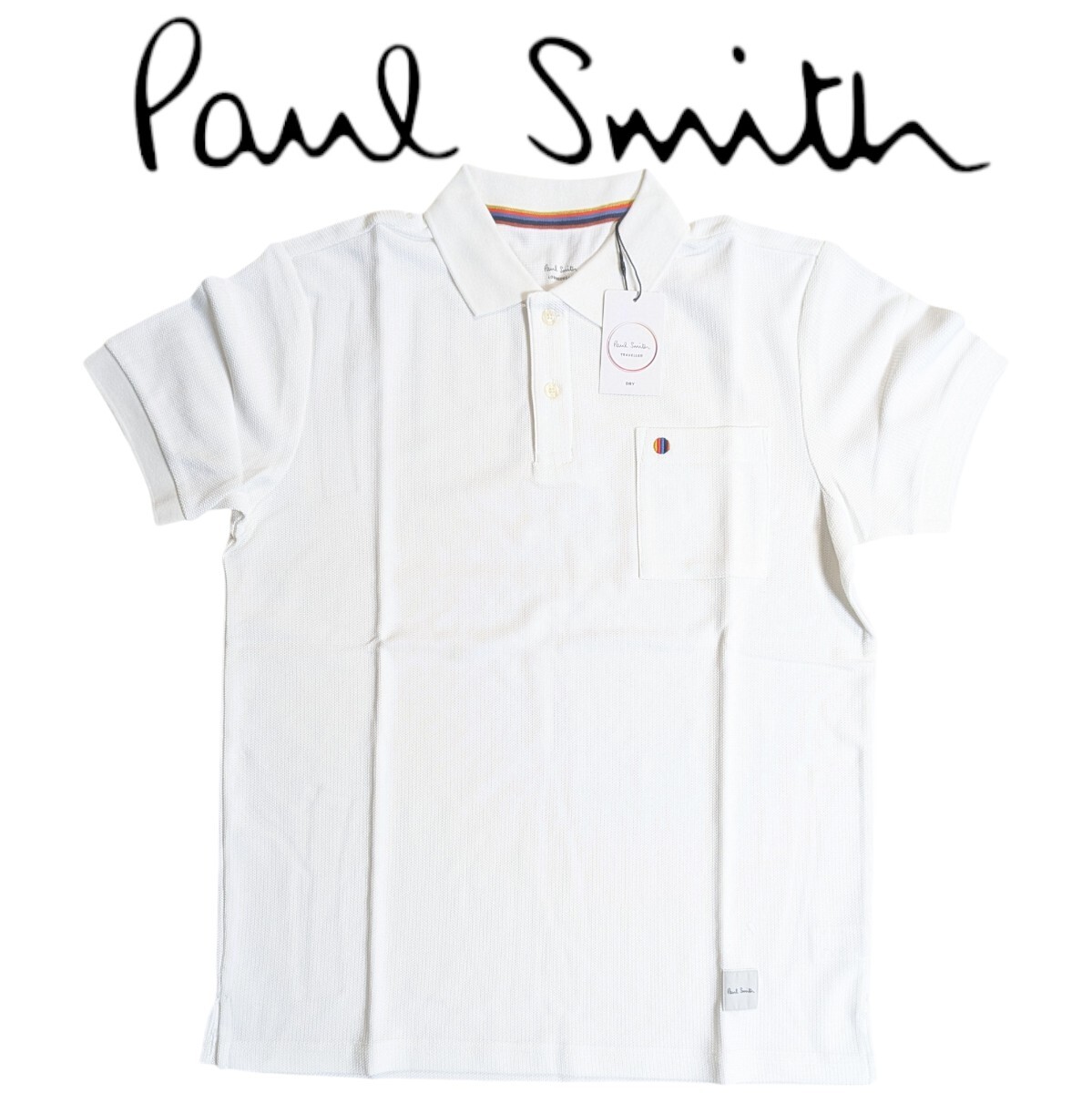 新品 ポールスミス Paul Smith 半袖 ポロシャツ M マルチスポット ラウンジウェア メッシュ ホワイト 胸ポケット DRY メンズ 夏拍卖
