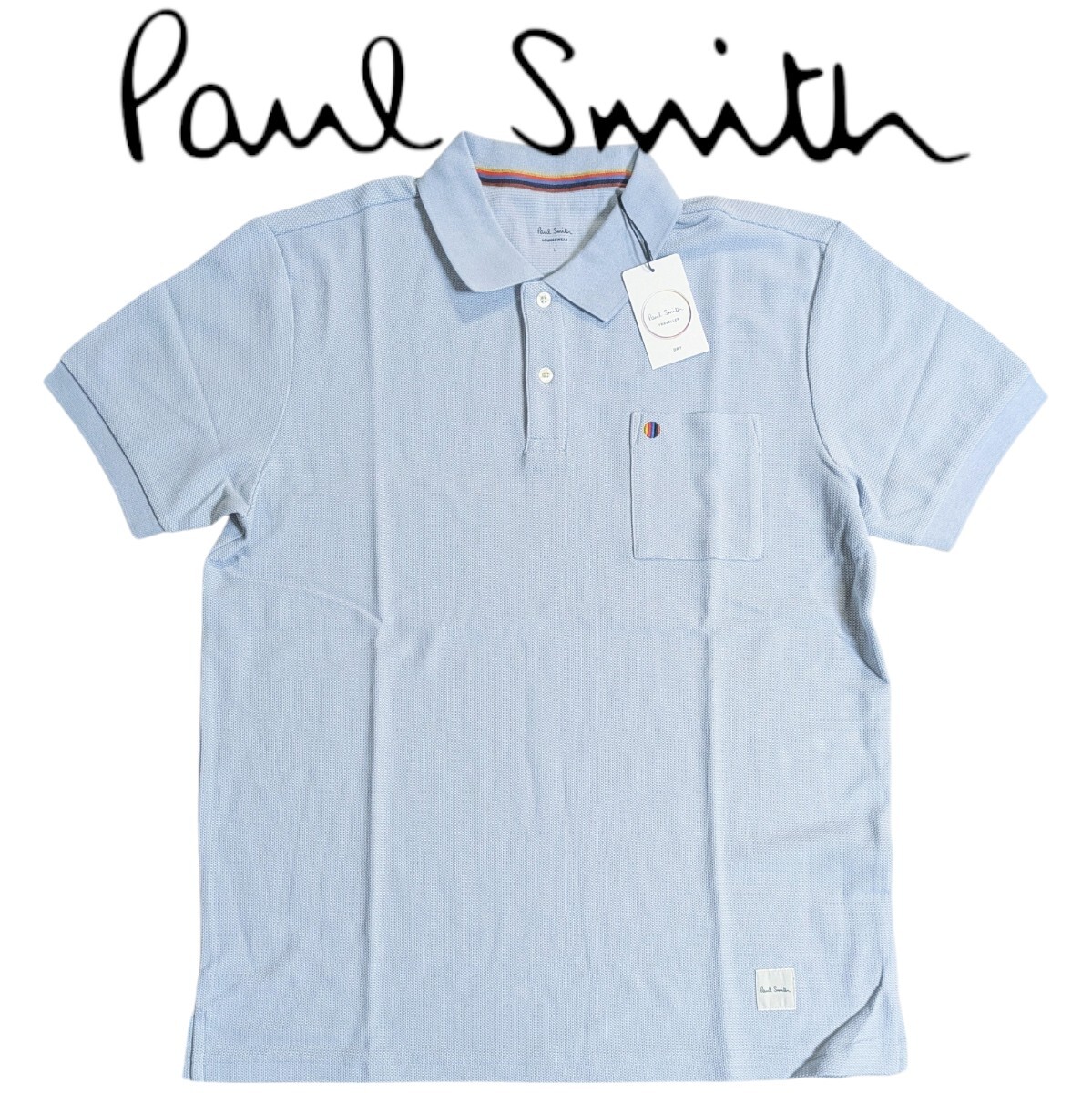 新品 ポールスミス Paul Smith 半袖 ポロシャツ L マルチスポット ラウンジウェア メッシュ サックス 胸ポケット DRY メンズ 夏拍卖